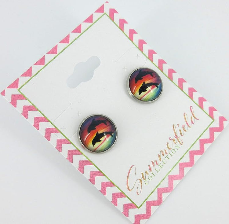 Summerfield Collection Stainless Steel Tropical Sunset Ocean Dolphin Print Glass Stud Earrings 12mm Beach