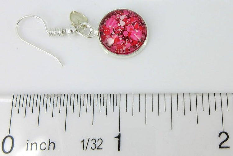 Summerfield Collection Silver-tone Pink Red White Glitter Glass Heart Charm Dangle Earrings Hand-painted