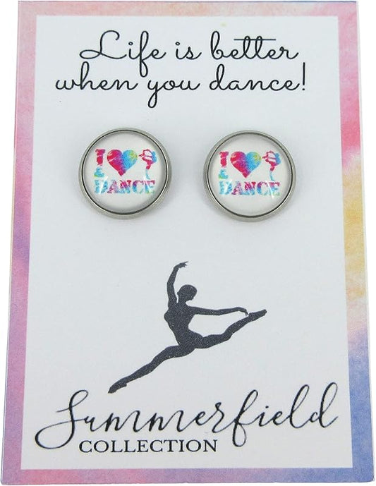 Summerfield Collection Stainless Steel I Heart Dance Print Glass Stud Earrings 12mm (I Heart Dance)