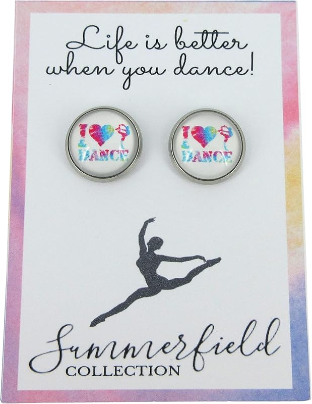 Summerfield Collection Stainless Steel I Heart Dance Print Glass Stud Earrings 12mm (I Heart Dance)