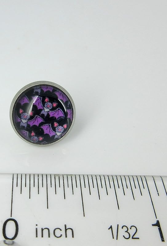 Summerfield Collection Stainless Steel Halloween Printed Glass Stud Earrings 12mm (Purple Bat)