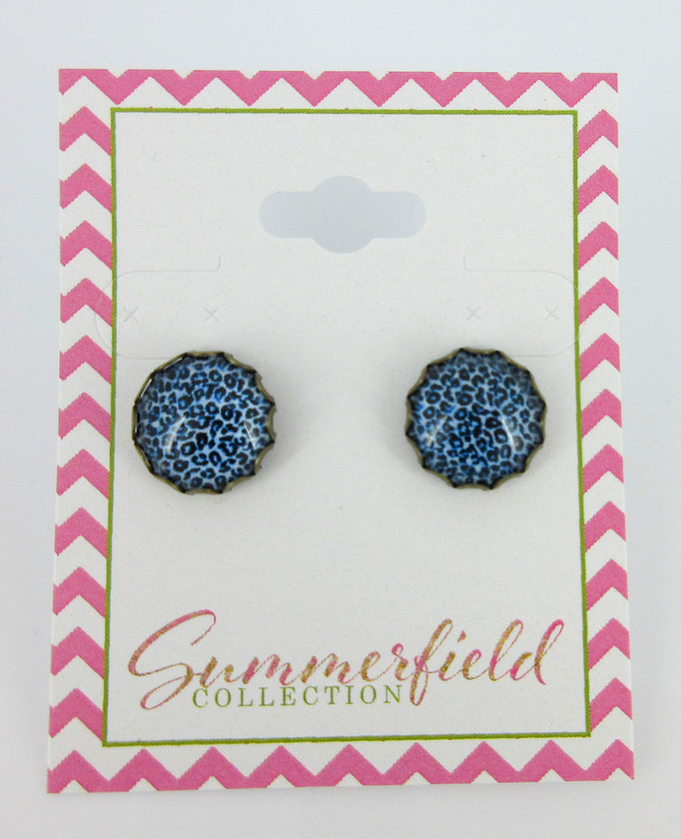Antiqued Gold-tone Animal Print Glass Stud Earrings 12mm (Med Blue)