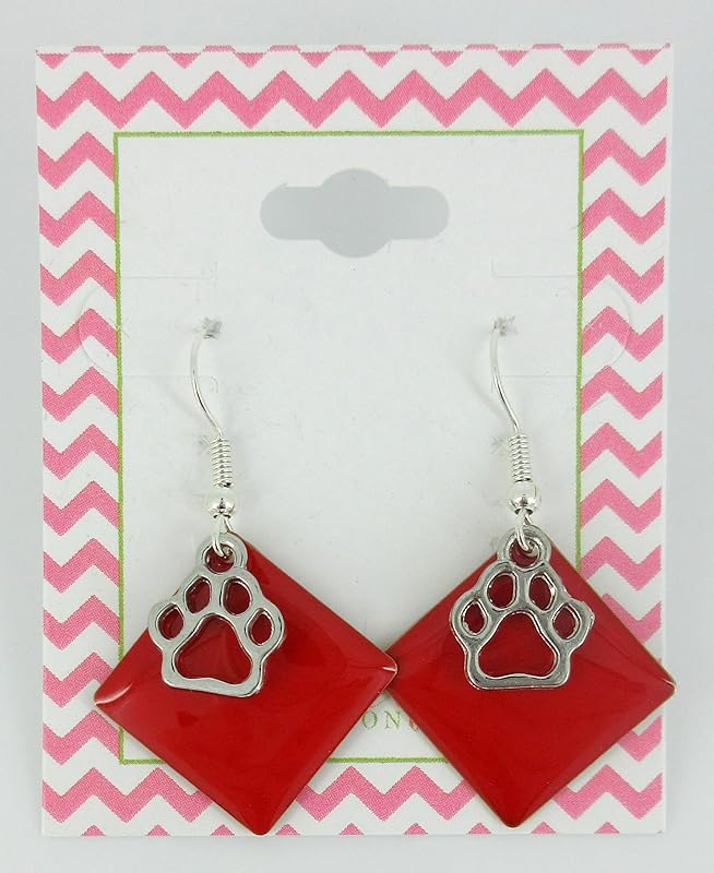 Summerfield Collection Silver-tone Paw Print Charm Enamel Dangle Earrings (Red)