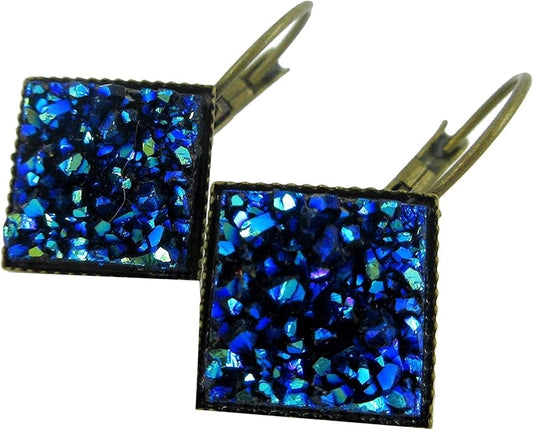 Summerfield Collection Antiqued Gold-tone Geometric Square Faux Druzy Stone Lever-back Drop Earrings (Blue Metallic)