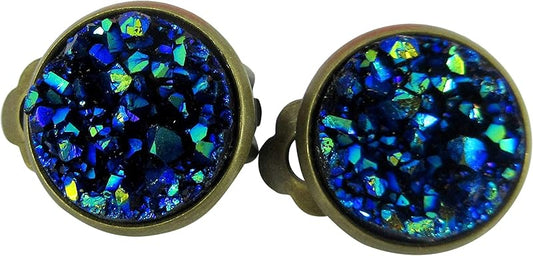 Summerfield Collection CLIP-ON Antiqued Gold-tone Faux Druzy Stone Stud Earrings 12mm (Blue Metallic)