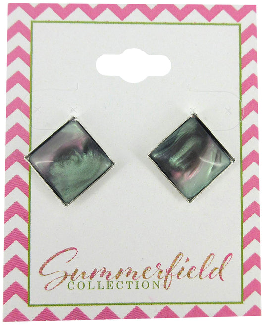 Silver-tone Faux Stone Resin Geometric Square Stud Earrings 12mm Mystical Gray Pink