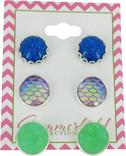 Summerfield Collection Trio Silver-tone Stud Earrings Mint Green Faux Druzy Stone Mermaid Scale Blue Glitter Resin Set