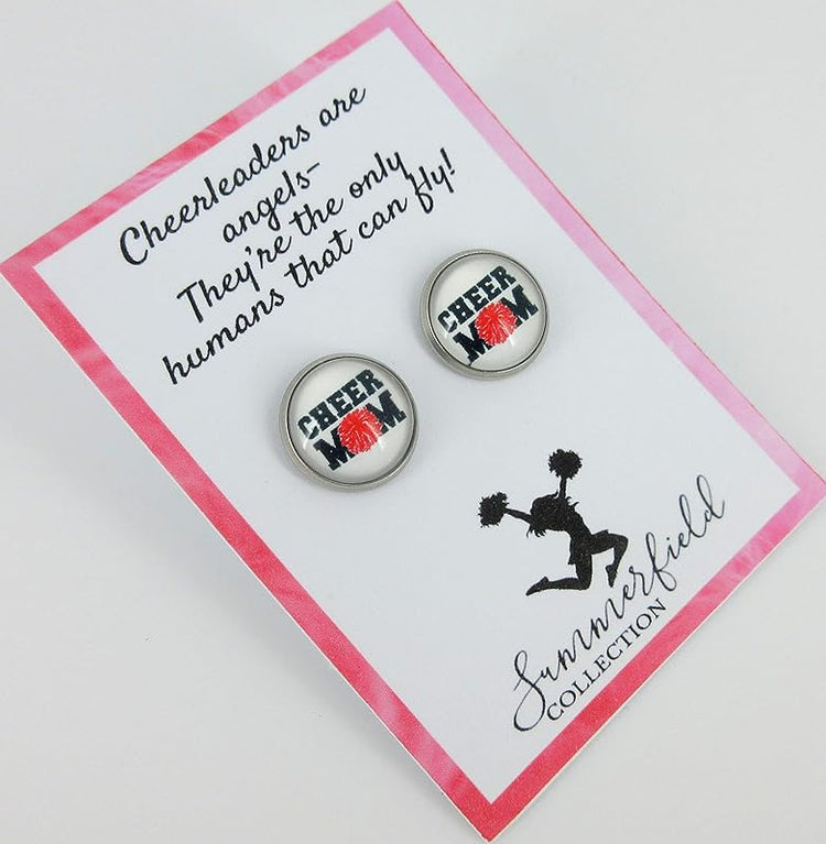 Summerfield Collection Stainless Steel Cheer Printed Glass Stud Earrings 12mm (Cheer Mom)