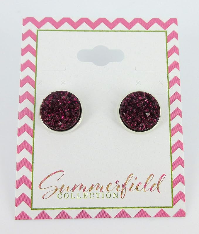 Summerfield Collection Silver-tone Maroon with Pink Glitter Faux Druzy Stone Stud Earrings (12mm)
