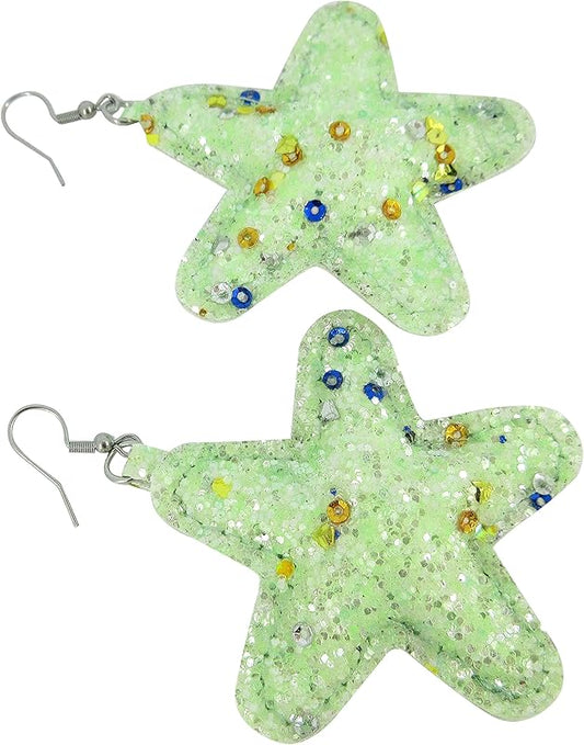Summerfield Collection Stainless Steel Pastel Glitter Faux Leather Large Puffy Star Dangle Earrings (Mint Green)