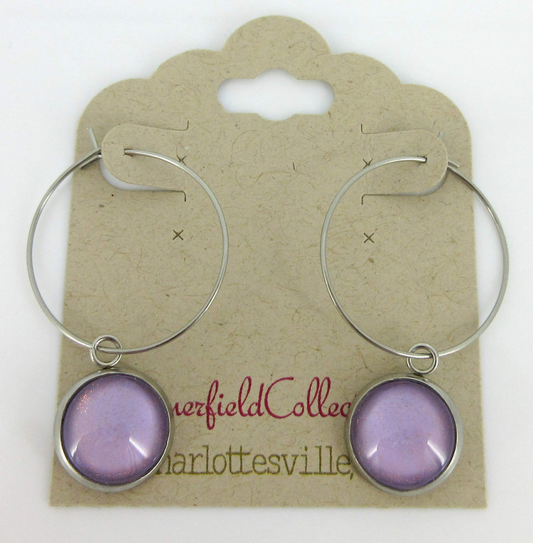 Stainless Steel Lavender Purple Glass Charm Hoop Earrings Hand-painted 1"