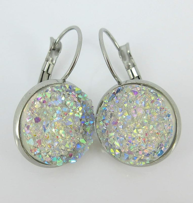 Summerfield Collection Stainless Steel Faux Druzy Stone Lever-back Drop Earrings 14mm (Clear AB)