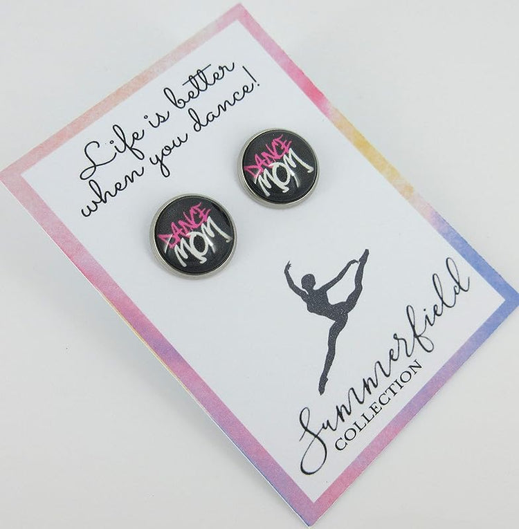 Summerfield Collection Stainless Steel Dance Mom Print Glass Stud Earrings 12mm (Black Grafitti)