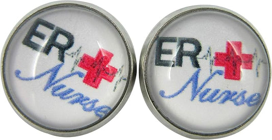 Summerfield Collection Stainless Steel ER Nurse Print Glass Stud Earrings 12mm White Black Red