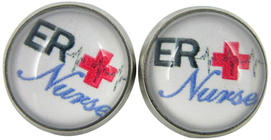 Stainless Steel ER Nurse Print Glass Stud Earrings 12mm White Black Red