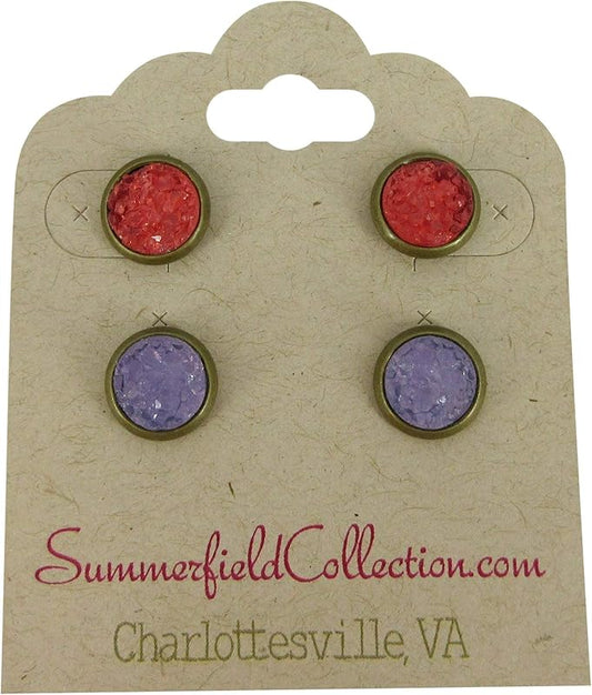 Summerfield Collection Duo Antiqued Gold-tone Red and Purple Faux Druzy Stone Stud Earrings 8mm Set