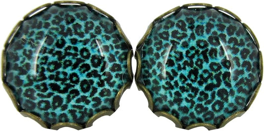 Summerfield Collection Antiqued Gold-tone Animal Print Glass Stud Earrings 12mm (Aqua Blue)