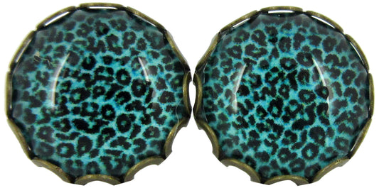Antiqued Gold-tone Animal Print Glass Stud Earrings 12mm (Aqua Blue)