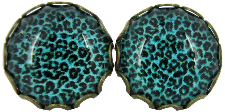 Antiqued Gold-tone Animal Print Glass Stud Earrings 12mm (Aqua Blue)