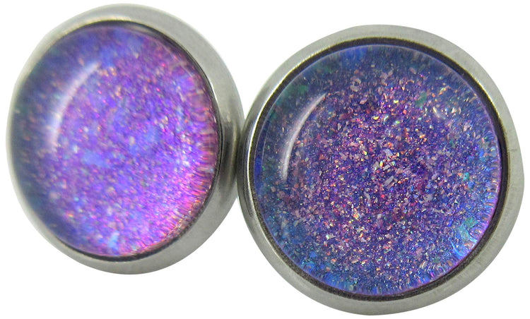 Stainless Steel Blue Purple Glitter Glass Stud Earrings Hand-painted 10mm