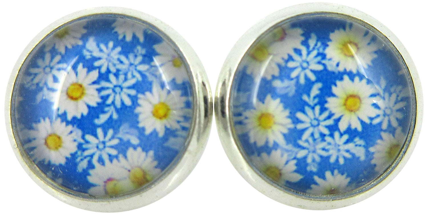 Silver-tone Daisy Flower Print Glass Stud Earrings 10mm