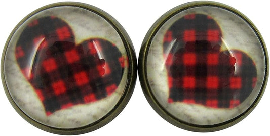 Summerfield Collection Antiqued Gold-tone Buffalo Plaid Heart Print Glass Stud Earrings 12mm