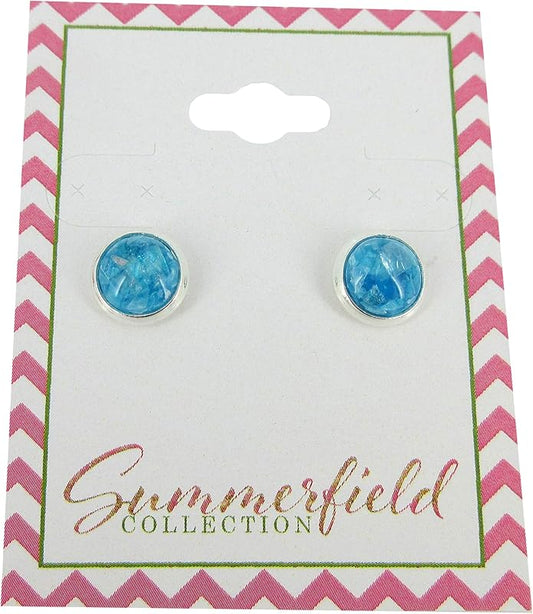 Summerfield Collection Shiny Silver-tone Opalescent Leaf Resin Stud Earrings 8mm (Aqua Blue)