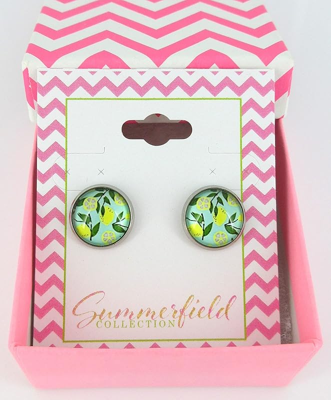 Summerfield Collection Stainless Steel Lemon Fruit Print Glass Stud Earrings 12mm Green and Yellow