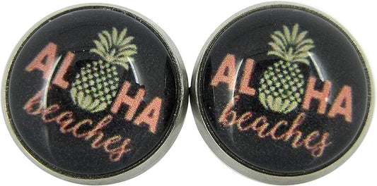 Summerfield Collection Stainless Steel Aloha Beaches Pineapple Print Glass Stud Earrings 12mm