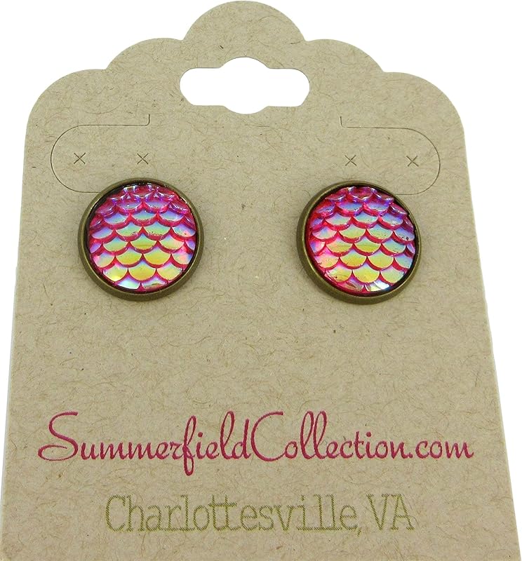 Summerfield Collection Antiqued Gold-tone Metallic Mermaid Scale Stud Earrings 12mm (Hot Pink AB)