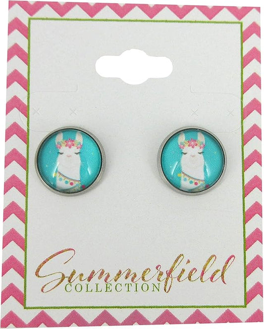 Summerfield Collection Stainless Steel Llama Print Glass Stud Earrings 12mm (Teal Face)