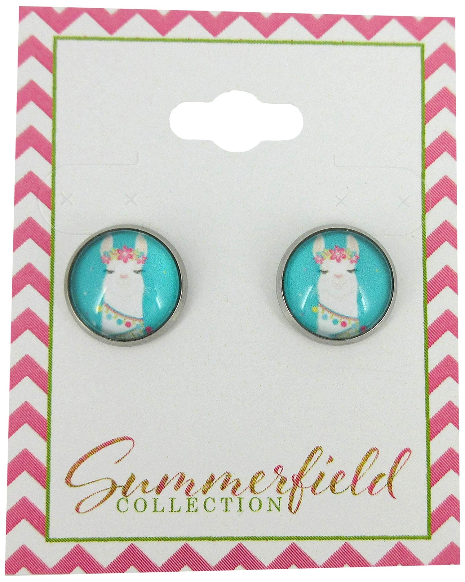 Stainless Steel Teal Llama Head Print Glass Stud Earrings 12mm