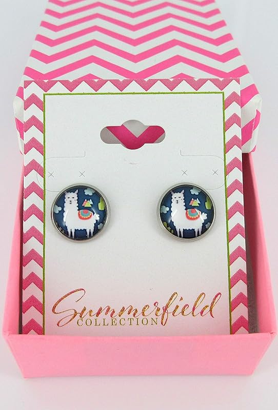 Summerfield Collection Stainless Steel Llama Print Glass Stud Earrings 12mm (Navy Blue)