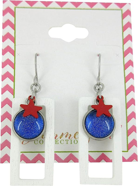 Summerfield Collection Stainless Steel Patriotic Glass Star Charm Rectangle Wood Dangle Earrings Hand-painted