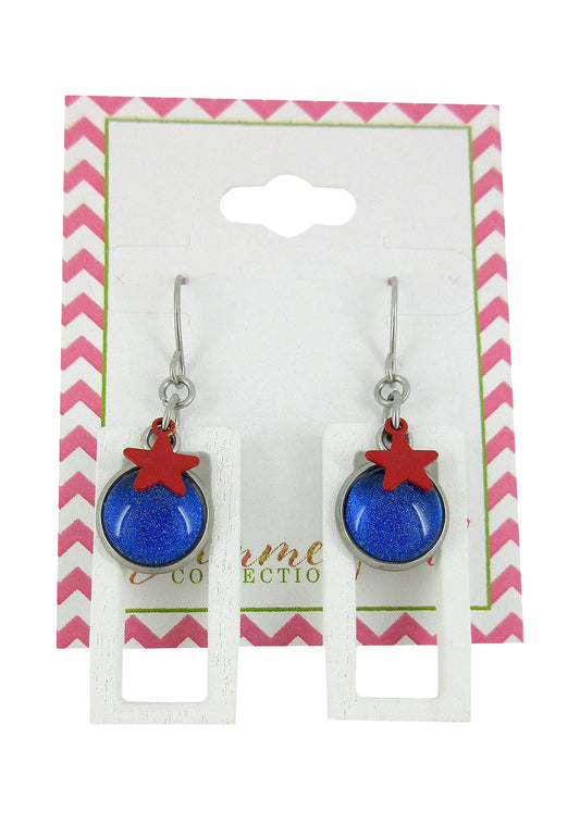 Stainless Steel Patriotic Glass Star Charm Rectangle Wood Dangle Earrings Hand-painted