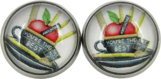 Summerfield Collection Stainless Steel Teacher Print Glass Stud Earrings 12mm (You're the Best/Apple)