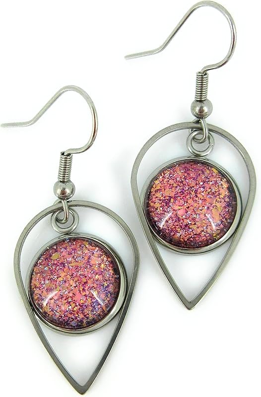 Summerfield Collection Stainless Steel Purple and Pink Glitter Flake Glass Charm Dangle Earrings Handpainted
