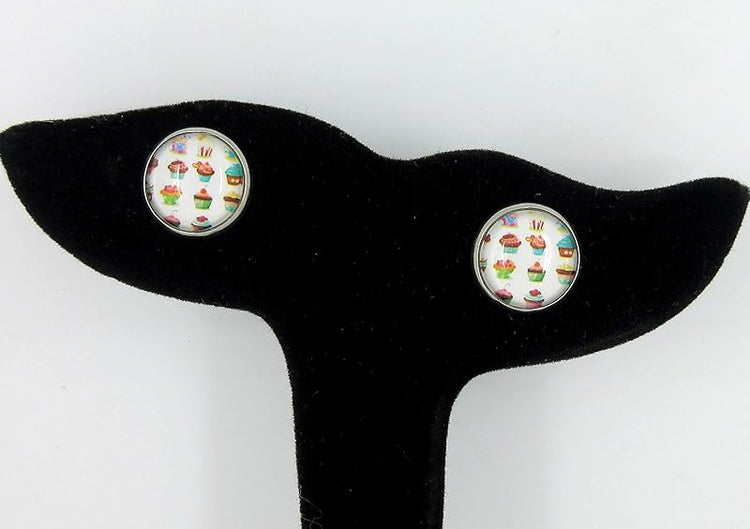 Summerfield Collection Duo Stud Earrings Stainless Steel Happy Birthday and Cupcake Print Glass 12mm Set
