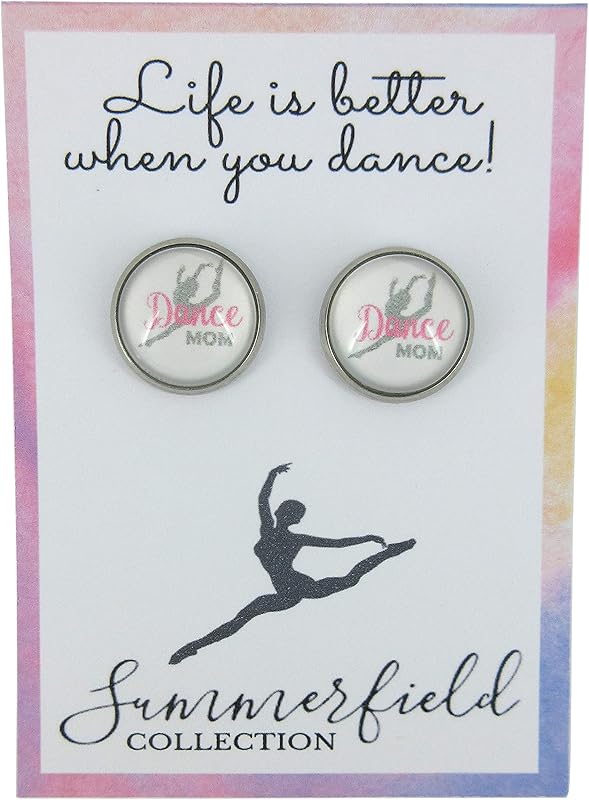 Summerfield Collection Stainless Steel Dance Mom Print Glass Stud Earrings 12mm (White Gray and Pink)