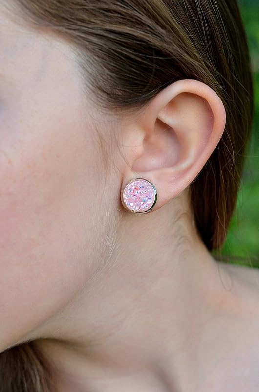 Summerfield Collection Silver-tone Pastel AB Faux Druzy Stone Stud Earrings 12mm (Ballet Pink)