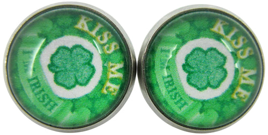 Stainless Steel Kiss Me I'm Irish Print Glass Stud Earrings 12mm