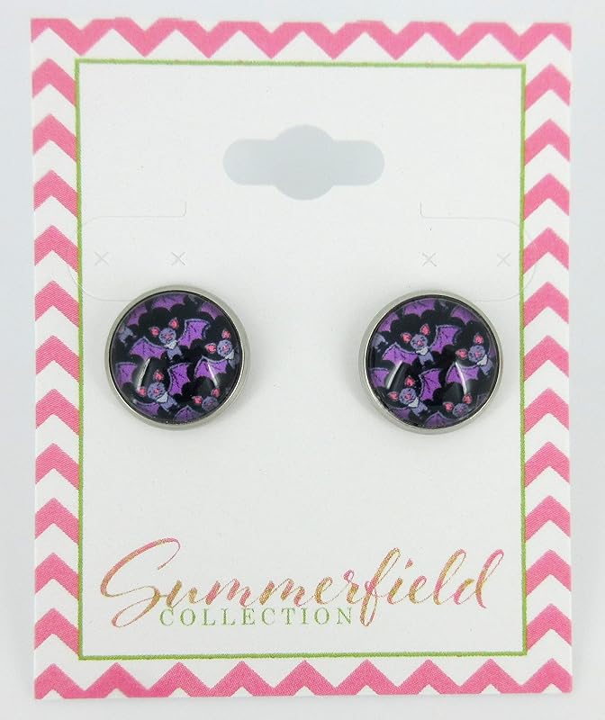 Summerfield Collection Stainless Steel Halloween Printed Glass Stud Earrings 12mm (Purple Bat)