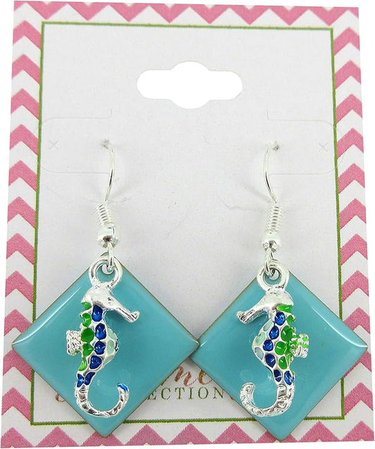 Summerfield Collection Silver-tone Blue Enamel Seahorse Charm Dangle Earrings