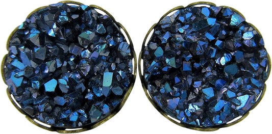 Summerfield Collection Antiqued Gold-tone Faux Druzy Stone Stud Earrings 12mm (Dark Metallic Blue)