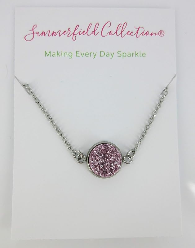 Summerfield Collection Stainless Steel Faux Druzy Stone Pendant Necklace (Lilac Purple Glitter)
