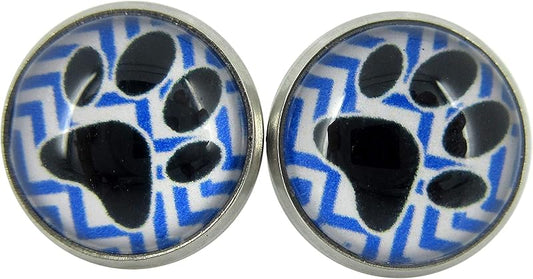 Summerfield Collection Stainless Steel Chevron and Black Paw Print Glass Stud Earrings 12mm (Royal Blue)