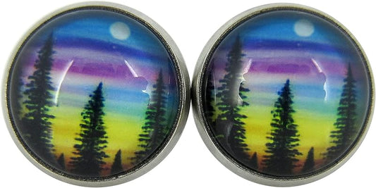Summerfield Collection Stainless Steel Forest Rainbow Sunset Print Glass Stud Earrings 12mm