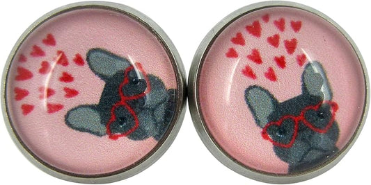 Summerfield Collection Stainless Steel French Bulldog Sunglasses Print Glass Stud Earrings 12mm