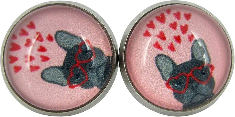 Summerfield Collection Stainless Steel French Bulldog Sunglasses Print Glass Stud Earrings 12mm