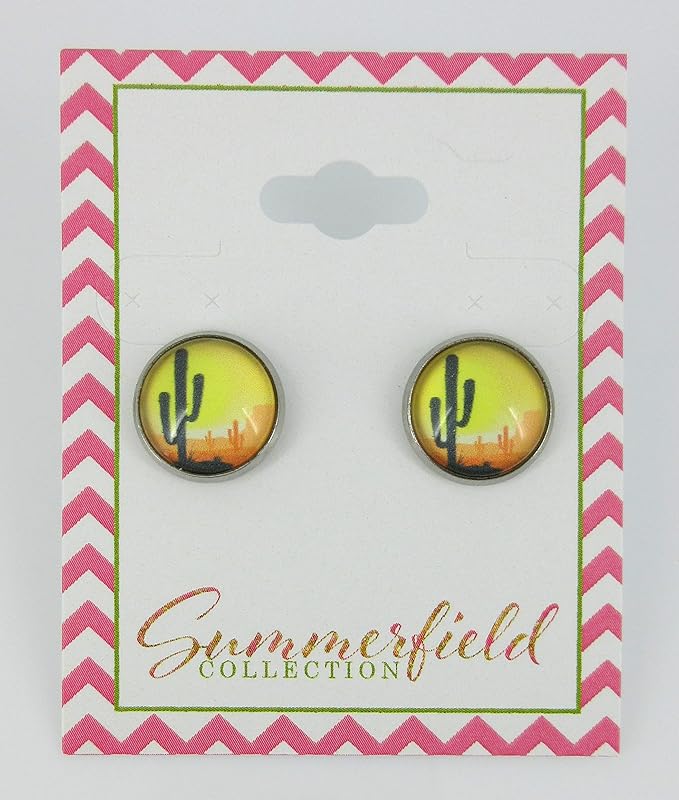 Summerfield Collection Stainless Steel Vintage Desert Cactus Print Glass Stud Earrings 12mm